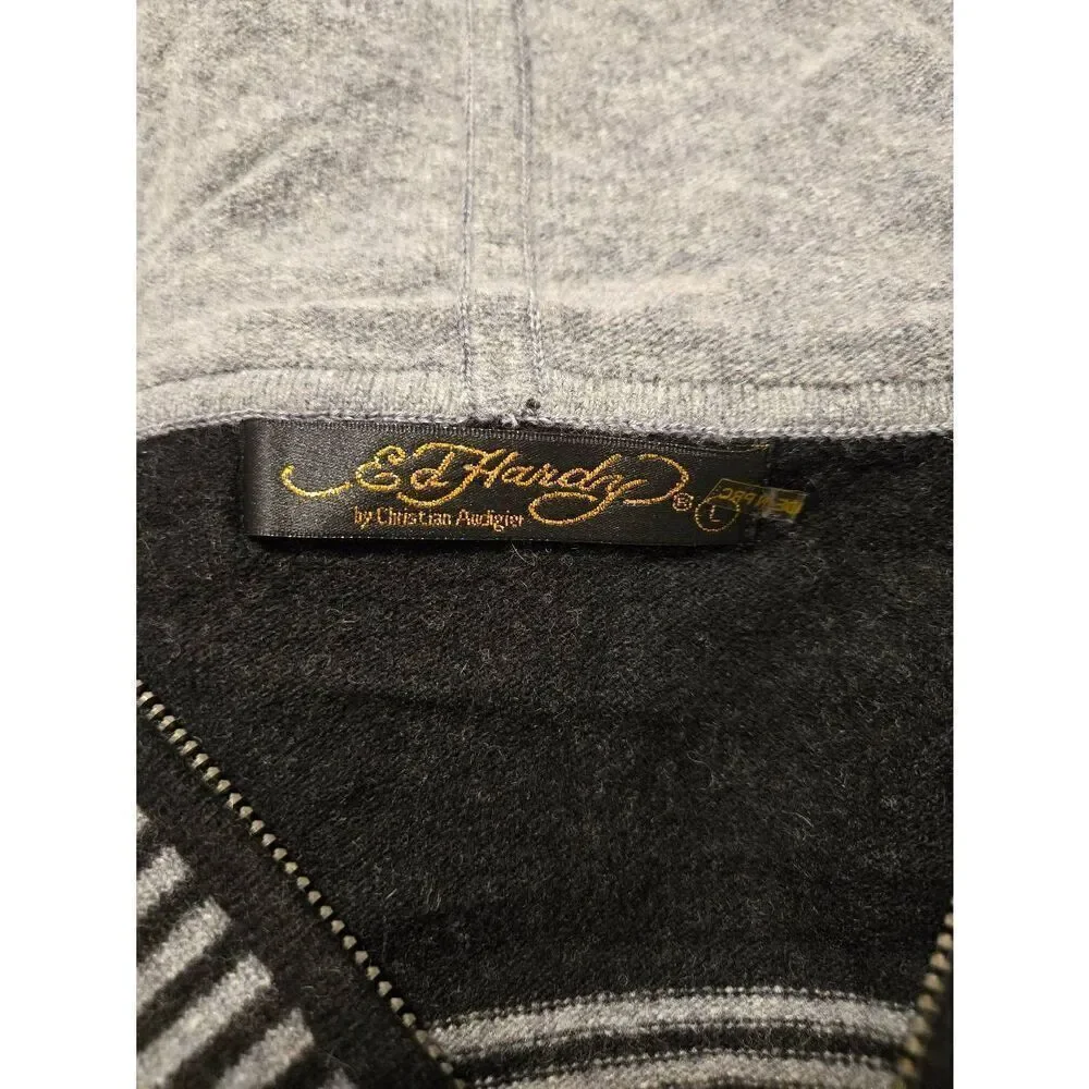 Ed Hardy Unisex Size Large Grey/Black Stripe Wool Blend Full Zip Hooded Sweater